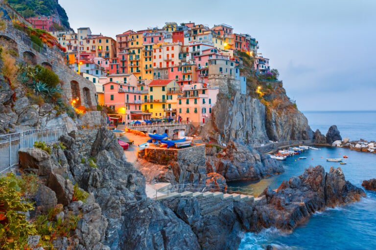 Manarola fishing village in the morning, seascape in Five lands, Cinque Terre National Park, Liguria, Italy.