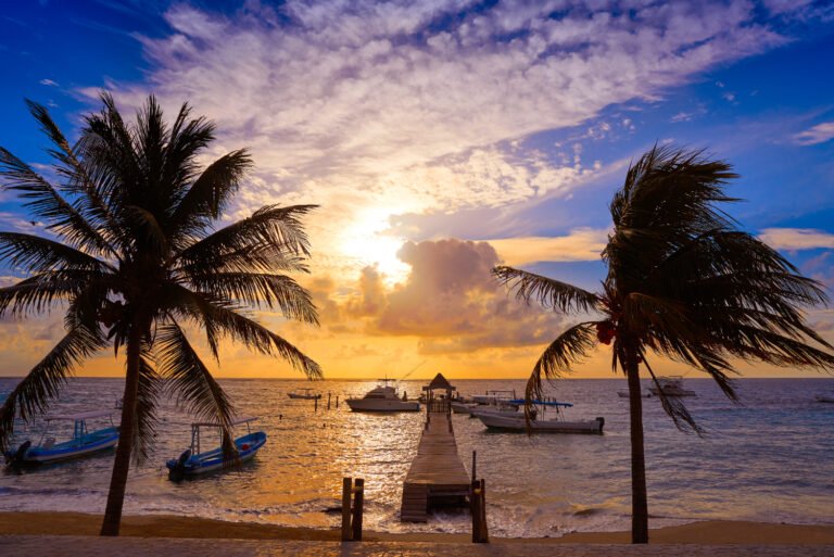 Riviera Maya sunrise pier Caribbean Mexico