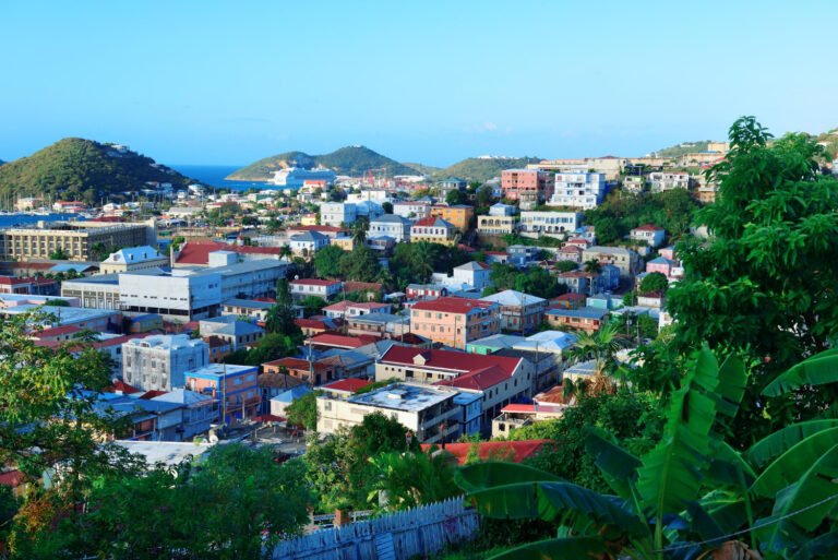Virgin Islands St Thomas harbor view in the morning with islands building and mountain